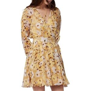 Joie Clara Yellow Silk Printed Mini Wrap Dress